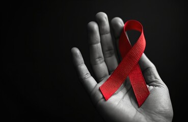 Red AIDS awareness ribbon on hand against dark background. Support for HIVAIDS patients. Raises awareness about HIV, viral infection, safe sex, health care. Fight against illness, disease. Empathy,