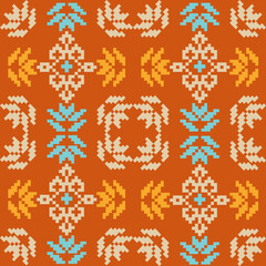 This vibrant collection of ikat patterns reimagines traditional textile motifs with a modern pixel-art twist. Featuring rich orange and sun-washed gold tones, each design reflects the warmth and rhyth