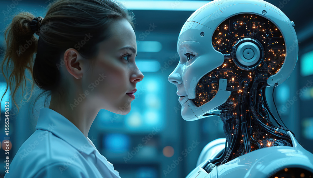 Poster woman and robot face each other in lab. ai, technology, human-machine interaction concept. futuristi
