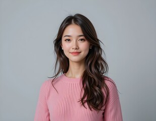 Smiling Woman with Brown Hair Wears a Pink Sweater in a Studio Portrait Against a Neutral Background