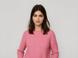 Smiling Woman with Brown Hair Wears a Pink Sweater in a Studio Portrait Against a Neutral Background
