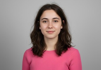 Smiling Woman with Brown Hair Wears a Pink Sweater in a Studio Portrait Against a Neutral Background