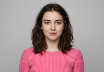 Smiling Woman with Brown Hair Wears a Pink Sweater in a Studio Portrait Against a Neutral Background