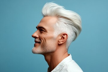 Blue solid background. Conceptual art of style for aging men. Modish men's quiff haircut - midlife white man with white hair. A charming and expressive man enjoying his portrait.