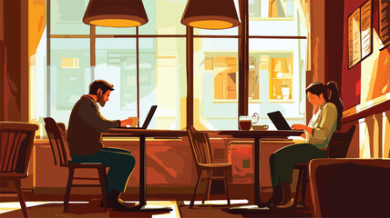 Fototapeta premium Professional People Working Inside Coffeehouse Poster Design with Man holding Laptop