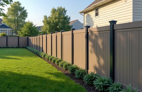 Vinyl fence installation wraps around exterior backyard. Fenced property with green lawn grass, shrubs. Residential area home improvement project. Protective property perimeter. Modern design.