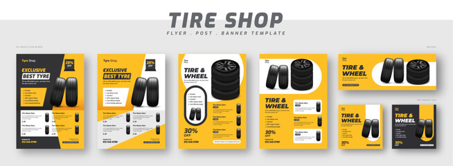 Tire shop catalog flyer bundle template | product catalog sale promotion web banner and social media post | Tire sale auto repair shop banner set