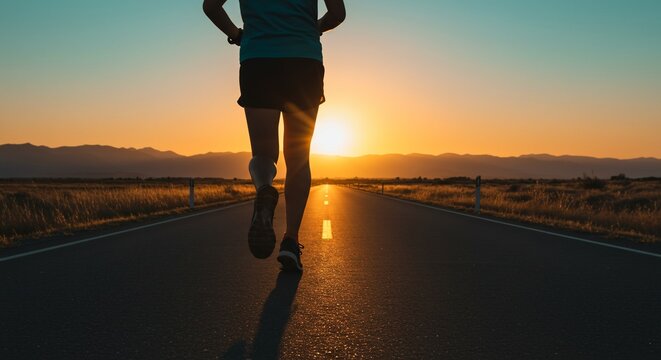 Runner Silhouetted Against Golden Sunset on Open Road