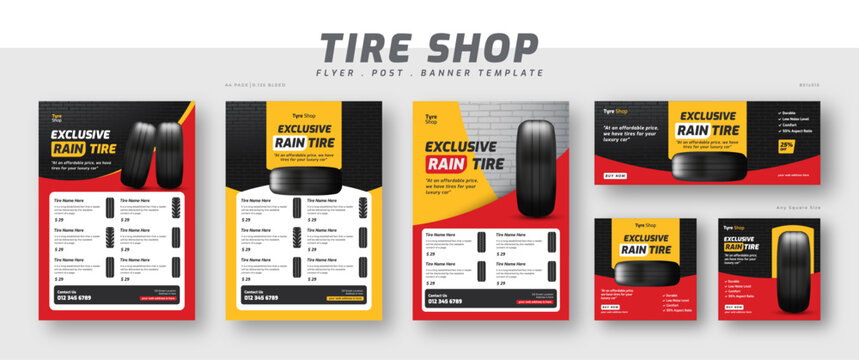Tire shop catalog flyer bundle template | product catalog sale promotion web banner and social media post | Tire sale auto repair shop banner set