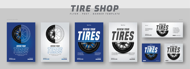 Tire shop flyer bundle template | tire parts product sale promotion web banner and social media post | Tire sale auto repair shop banner set