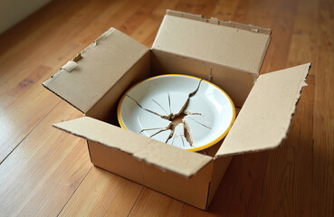 Broken plate inside cardboard box on wooden floor. Damaged dish packing, delivery fail concept. Fragile item, insurance risk. Relocation accident, home interior issue, unpacking, broken crockery.