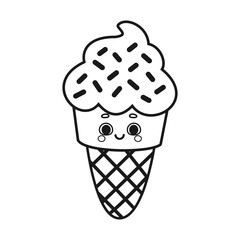 Cute kawaii ice cream cone with sprinkles coloring page vector Illustration isolated on white background