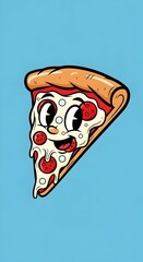 cartoon pizza mascot, cheese, crust, pepperoni, happy, comic food, pizza face, food mascot, cheesy slice, cute pizza, playful food, anthropomorphic food, snack mascot, pizza cartoon, character design