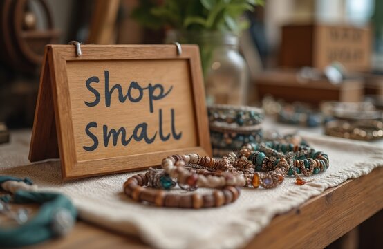 Sign Shop Small in cozy craft market booth with jewelry accessories display. Encourage local shopping support small business, promote trade. Variety handcrafted items like bracelets. Artisan handmade