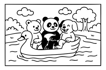 Cute bears on pedal boat illustration coloring book