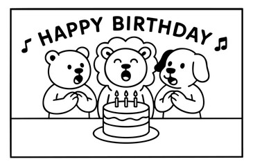 Coloring book with cute bears singing happy birthday