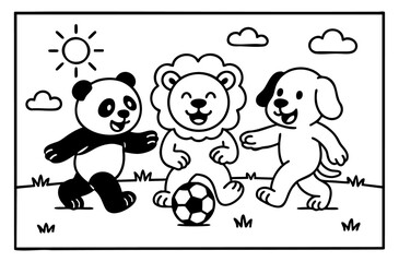 Cute animals playing football illustration coloring book painting