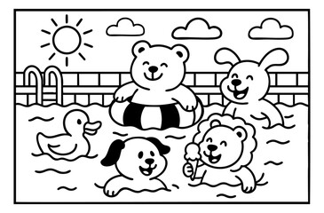 cute kids in the pool on a sunny day illustration coloring book