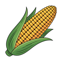 Vibrant Corn on the Cob Cartoon Illustration with Detailed Kernels and Green Husk Leaves Against White Background