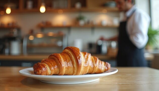 Freshly baked golden croissants on plate. Barista brews coffee shop in background. Breakfast pastry serving in cafe, bakery. Delicious morning food and drink treat.