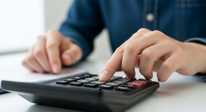 Close up of hands using a black calculator on a white surface for financial calculations and accounting work