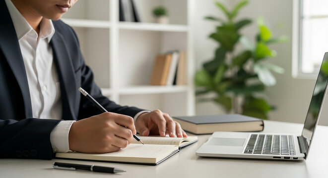 Person in suit writing in notebook with laptop and bookshelf in the background at home office desk