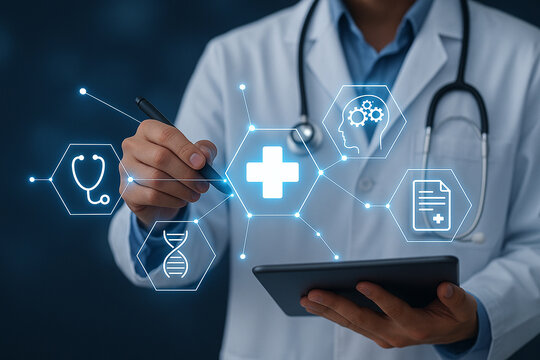 Doctor using digital tablet with medical icons and stethoscope in a healthcare setting concept