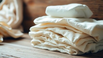 "Close-Up of Organic White Baby Diapers on Wooden Surface &ndash; Soft & Eco-Friendly"