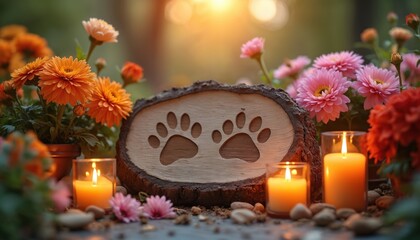 Heartfelt pet memorial tribute with paw prints carved into wooden slice surrounded by blooming flowers. Burning candles create serene, peaceful atmosphere, remembering furry friend in garden.