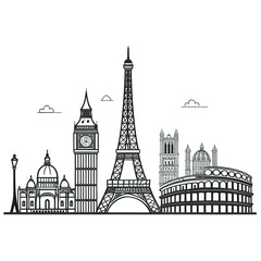 Fototapeta premium Black and White Line Art Skyline of European Cities - Travel Landmark Illustration