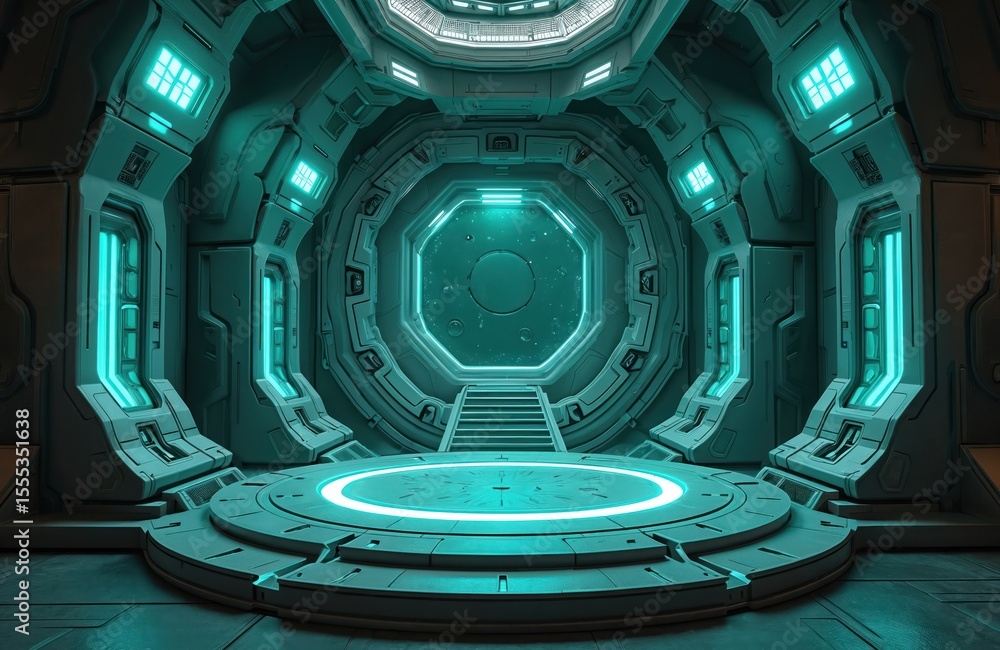 Poster futuristic sci-fi spaceship interior with empty platform glowing lights central portal. perfect for 