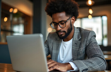 Confident male entrepreneur in glasses working on laptop. Focused black businessman at modern workplace. Pro manager checks emails, using tech in office. Corporate business concept.