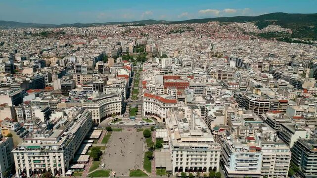 Aerial view of Thessaloniki's city center showing dense urban layout and central square
