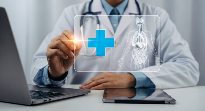 Doctor interacting with digital health interface showing human anatomy and medical plus sign icon