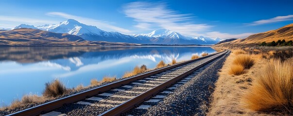 Railway line running alongside a calm lake with snow-capped mountains in background