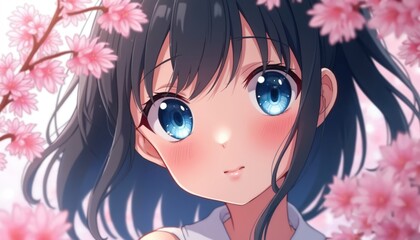 Close-up anime style portrait of cute girl with big blue eyes. Pink blush, dark hair. Surrounded by pink cherry blossom flowers. Beautiful art illustration for anime, manga, fantasy.