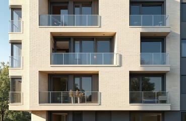 Fototapeta premium Modern apartment building facade. Brick wall exterior with glass balconies, large windows. Residential real estate, urban architecture, luxury apartment building. New construction, city living,