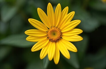 Close-up Barberton Daisy flower shows bright yellow petals, green center. Nature, floral, botanical beauty. Bright yellow petals of daisy flower, perfect for greeting card, eco products.