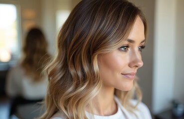 Attractive woman with natural balayage highlights, trendy hair coloring technique. Subtle blond shades with dark roots. Pro hairstylist at beauty salon performs fashion makeover. Beautiful hairstyle,