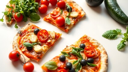 "High-Angle Shot of Sicilian Pizza Slices with Assorted Vegetables on a White Surface"