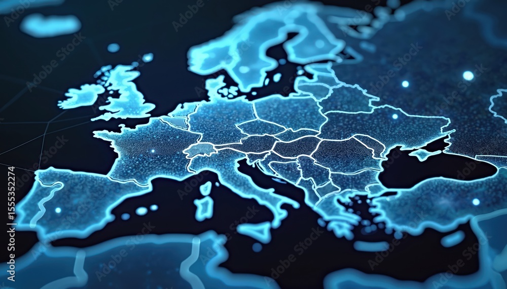 Poster digital network map of europe with glowing lines. illustrates connections data transfer, cyber tech 