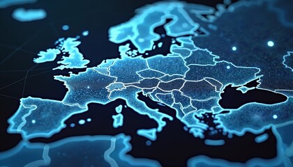 Digital network map of Europe with glowing lines. Illustrates connections data transfer, cyber tech across continent. Concepts of telecommunication internet, info exchange. Great for web design, tech