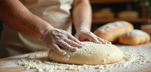 Fototapeta premium Hands make pizza dough in commercial bakery. Artisan baker works with flour on a wooden table. Wheat bread ready on background. Handmade pizza preparation, cooking process.