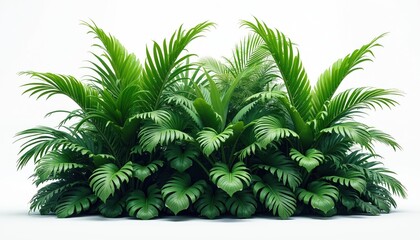 Fototapeta premium Rich tropical foliage isolated white background. Green monstera leaves, palm tree fronds. Plants, green plants, jungle, landscape design elements. For architecture, landscaping visualizations, decor,