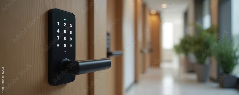Poster modern smart access control system. digital keypad on wooden door provides secure password entry. te