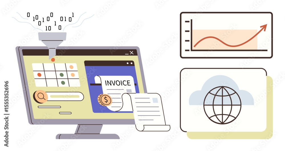 Poster computer screen displaying data funneling, invoice creation, and search icons chart showing growth g
