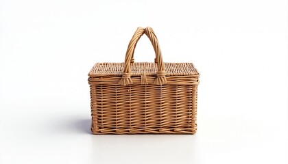 Classic wicker picnic basket with handle on white. Woven container for food storage for outdoors. Brown handmade rustic vintage design for family leisure trip or romantic date.