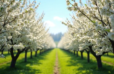 Springtime orchard with rows of blossoming trees. White flower branches, green grass, blue sky. Agricultural landscape in Netherlands, Betuwe. Fruit farm, spring season, plum pear trees. Farming,