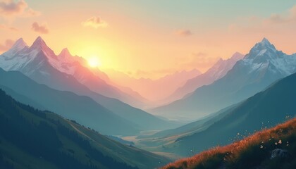 Fototapeta premium Sunset mountain landscape with snow capped peaks. Serene nature background, warm pastel tones for travel brochure meditation poster. Dusk, evening sunlight creates peaceful atmosphere. Horizon with