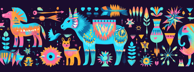 Boho-style design featuring a Peruvian background with an ancient tribal pattern, incorporating ethnic elements, Aztec symbols, Mexican shapes, and abstract Inca and Apache decorations in a